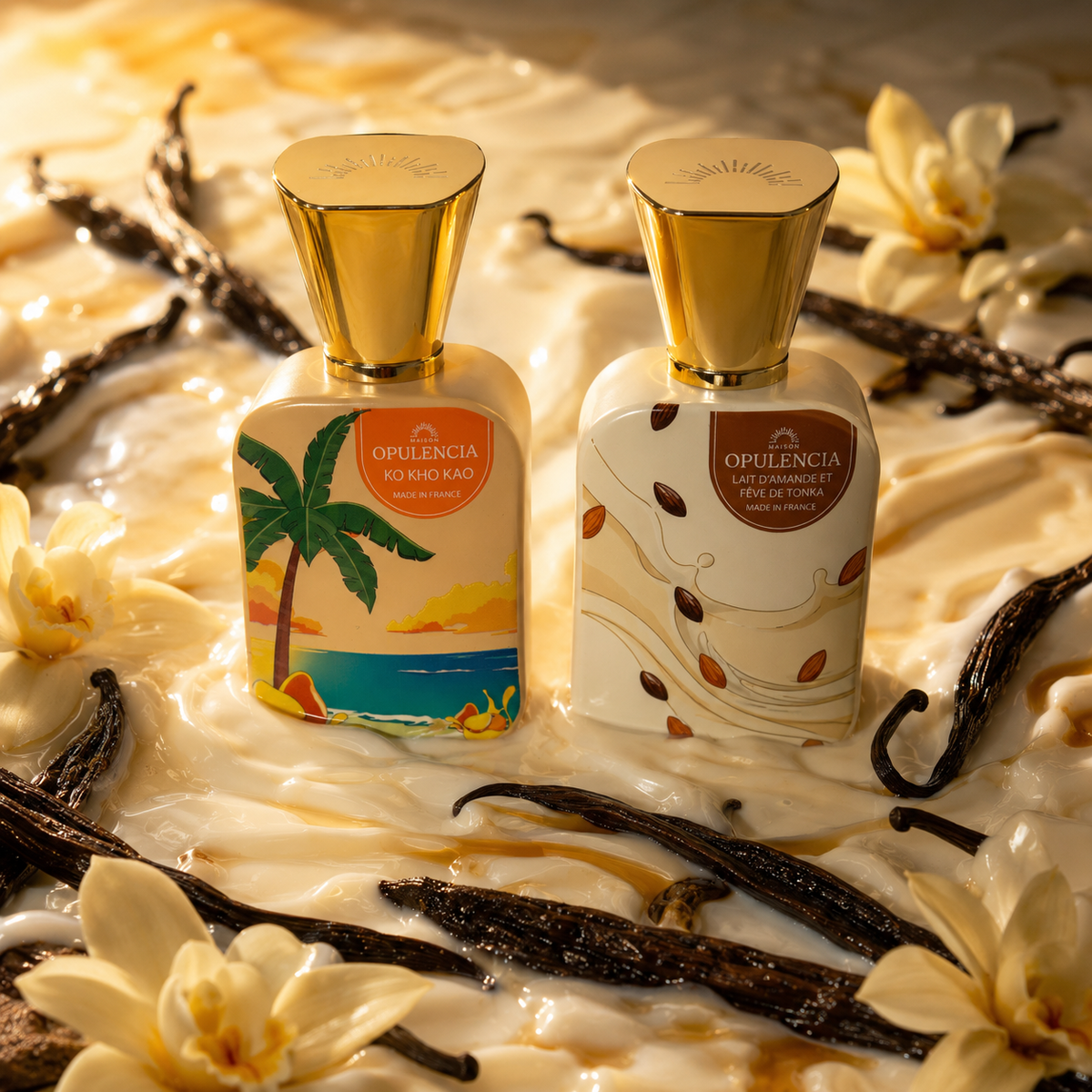 Parfums vanillés Ko Kho Kao et Lait d'Amande et Fève de Tonka Maison Opulencia entourés de gousses de vanille